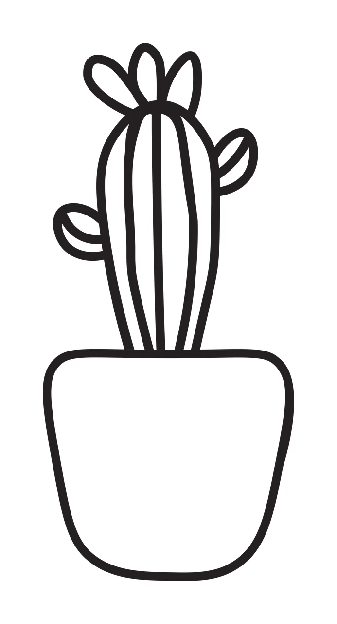 Line Art Illustration of Potted cactus with three branches and leaf-like structures with black line cactus, potted plant, two side branches and top leaf-like structures in white