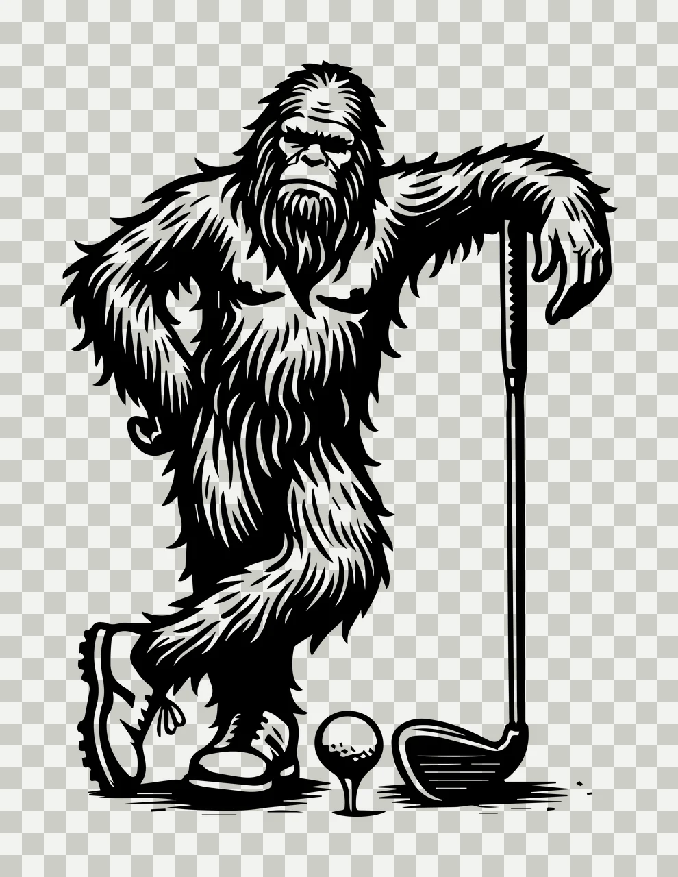 Golf Hairy Creature With Equipment leaning club ball shoes transparency and detail preview thumbnail
