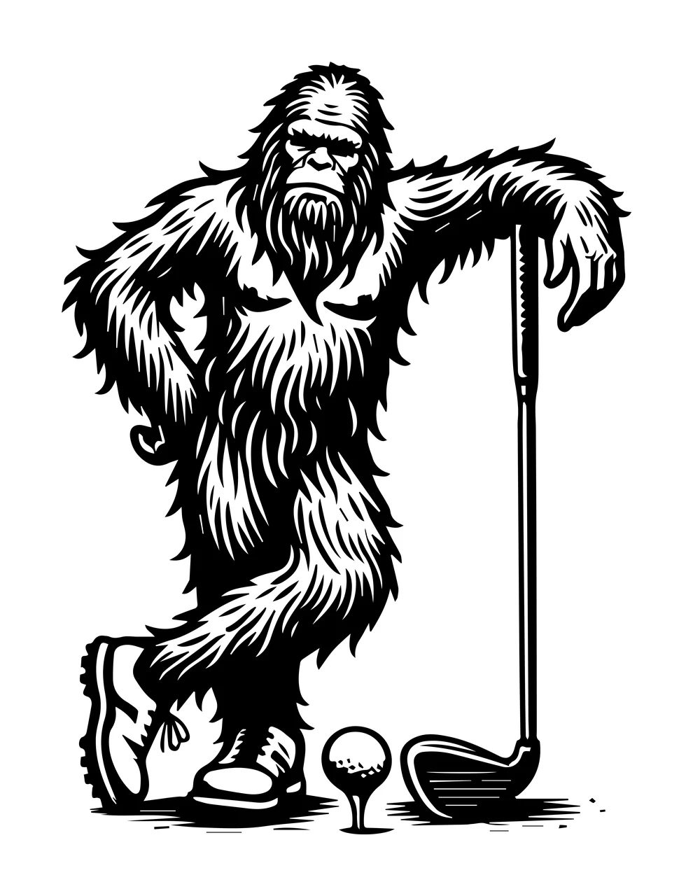 Golf Hairy Creature With Equipment leaning club ball shoes