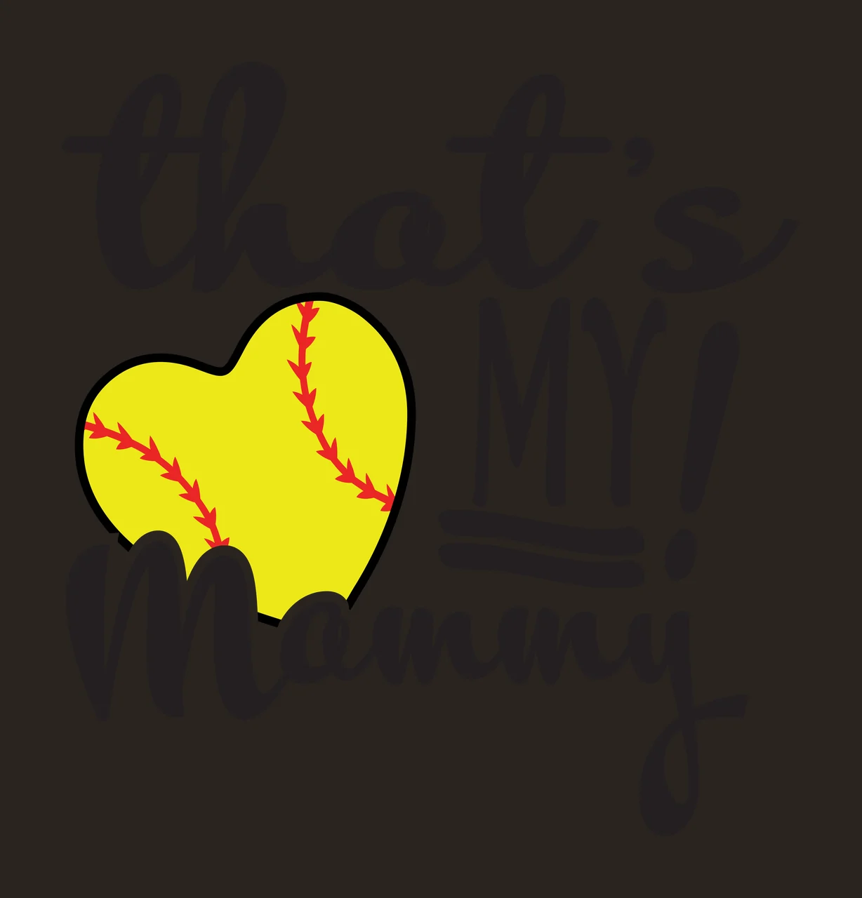 That's MY! Mommy softball typography Design with heart-shaped softball, cursive text, block lettering and exclamation mark in yellow, red and black contrast preview thumbnail