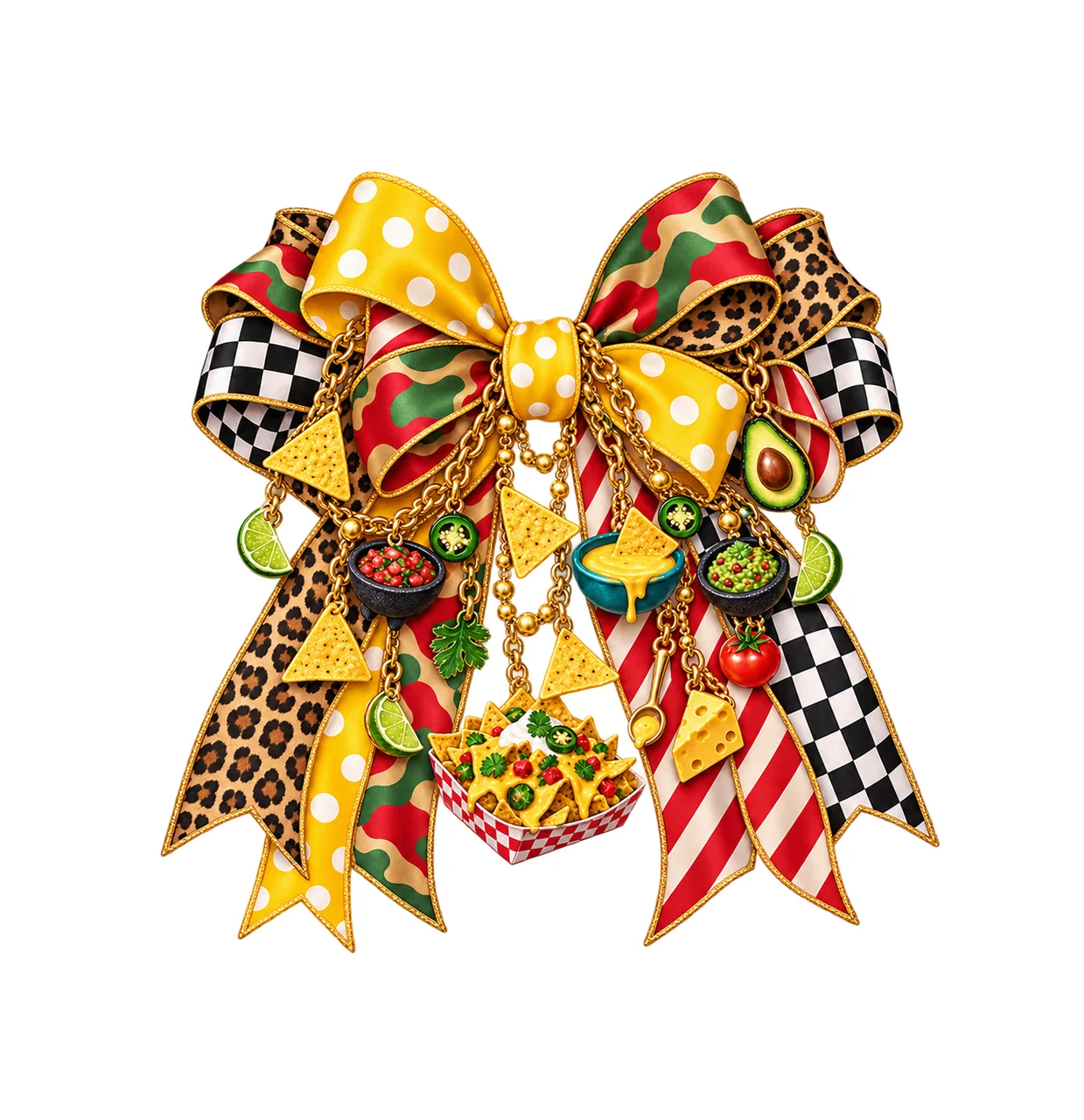 Nacho Lover Bow Charm PNG, Themed Gold Chain Charms, Coquette Ribbon Sublimation Design, Transparent Digital Download