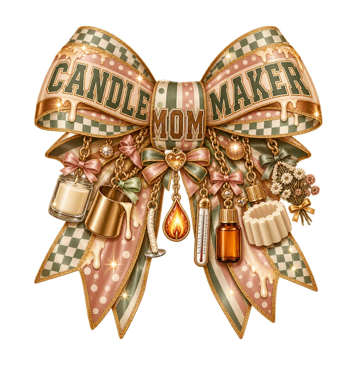 Candle Maker Mom Bow Charm PNG, Patterned Varsity Mom Ribbon Clipart, Transparent Sublimation Digital Download