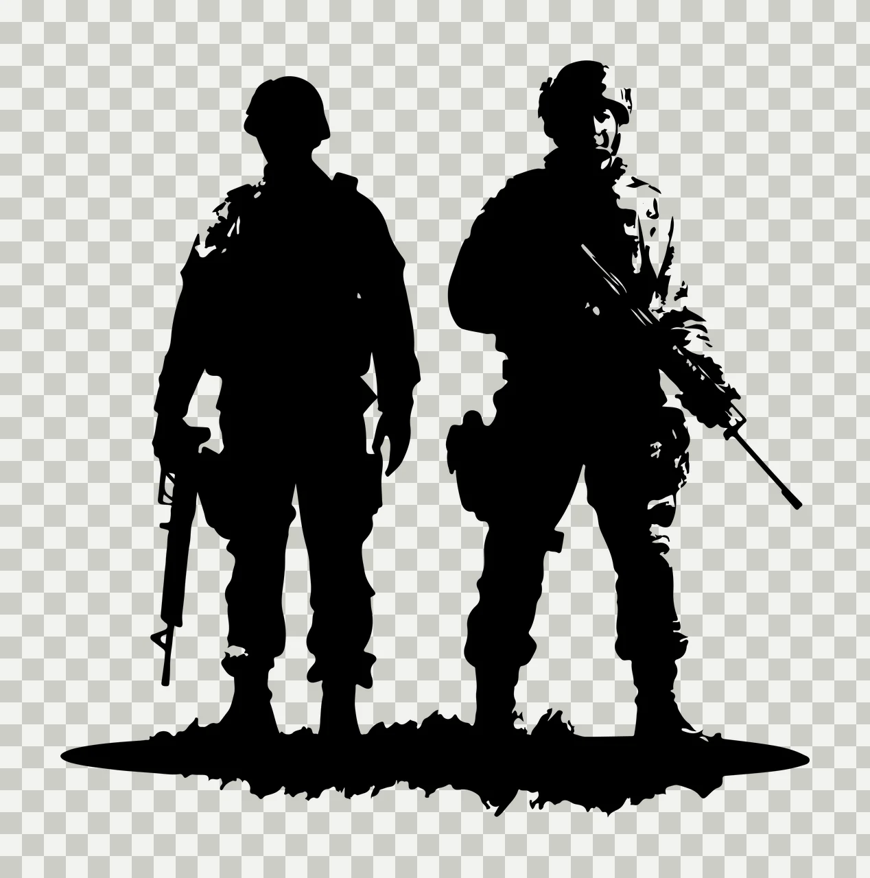 Two Soldiers Standing Black Silhouette rifles helmets uniforms transparency and detail preview thumbnail
