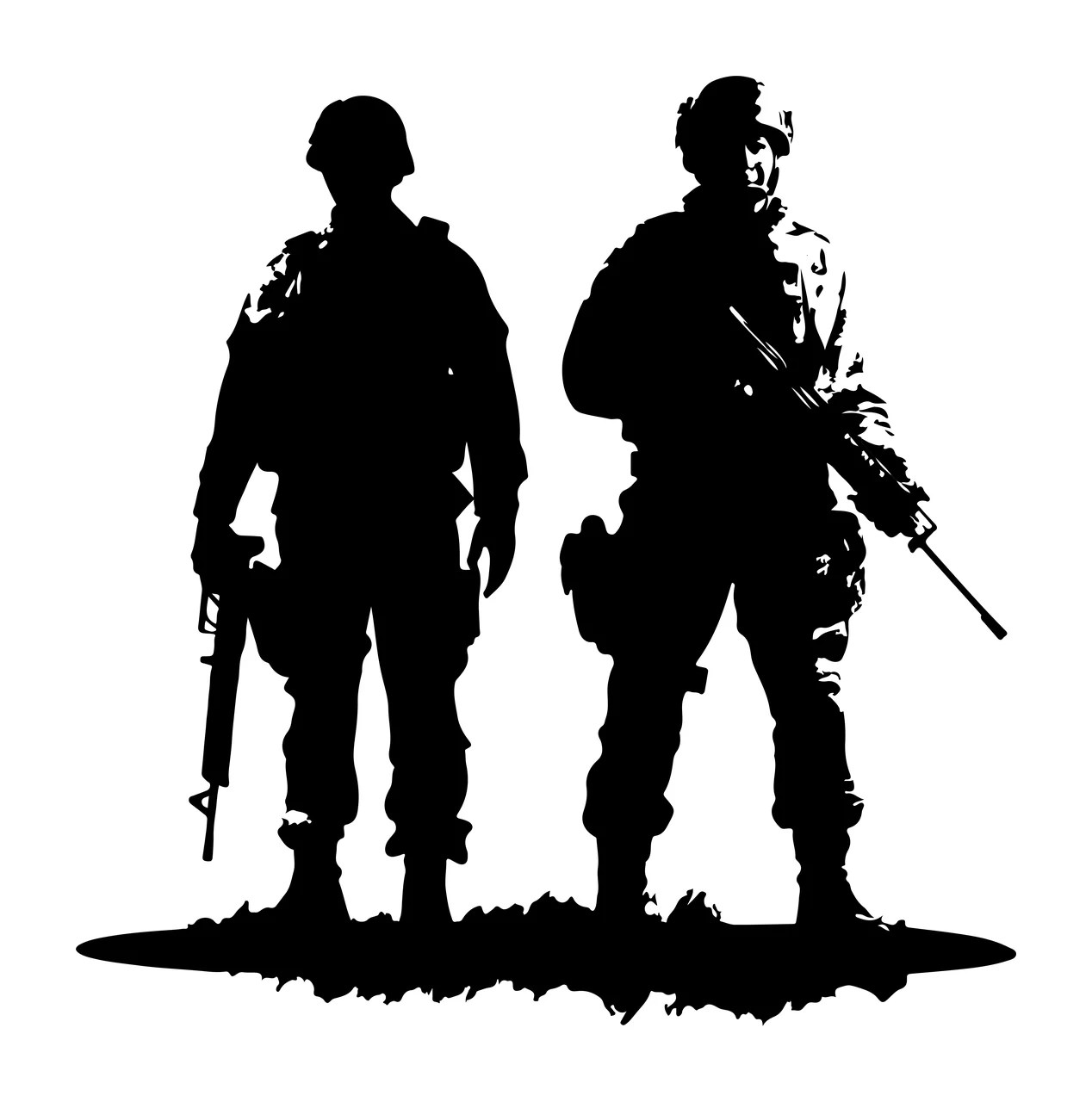 Two Soldiers Standing Black Silhouette rifles helmets uniforms