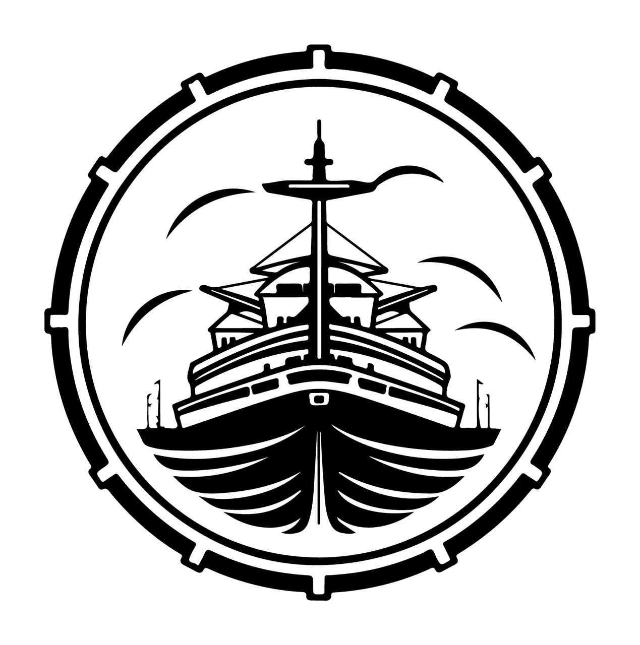 Ship In Circular Frame waves sails line art black white maritime