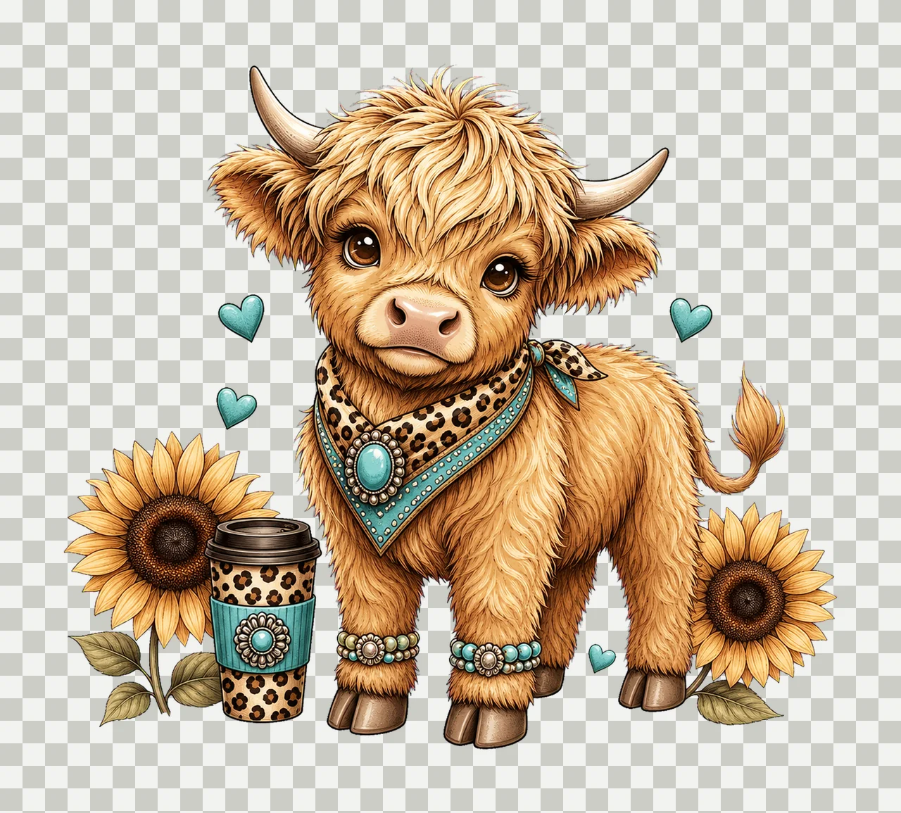 Highland Cow Leopard Bow Coffee sublimation Variation C transparency and detail preview thumbnail