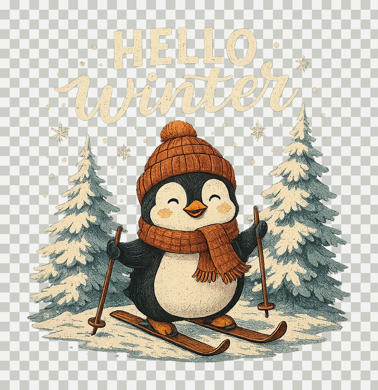 Hello Winter Penguin Skiing Penguin Cute Winter Artwork transparency and detail preview thumbnail