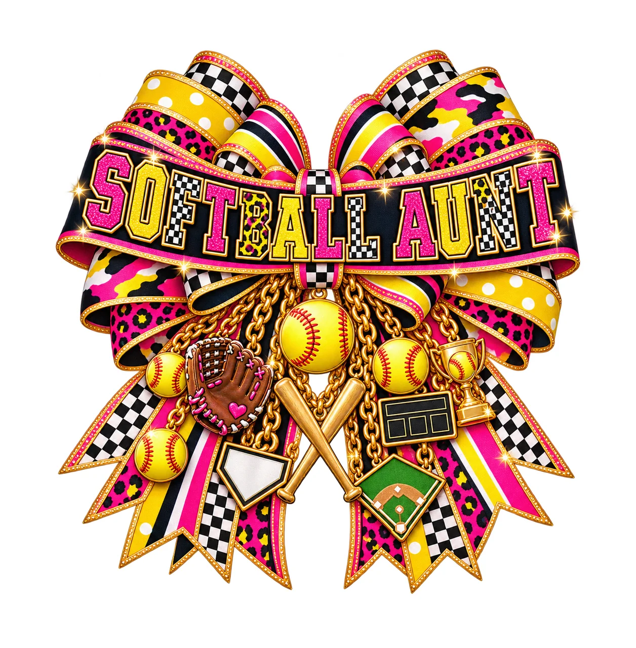 Softball Aunt Bow Charm PNG, Patterned Varsity Aunt Ribbon Clipart, Transparent Sublimation Digital Download