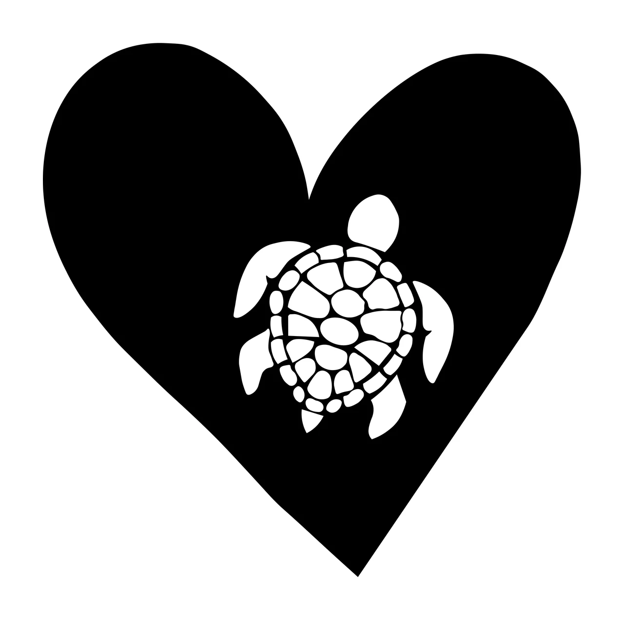 Silhouette Design of Sea turtle with heart shape, turtle shell pattern, flippers and minimalist graphic in black and white