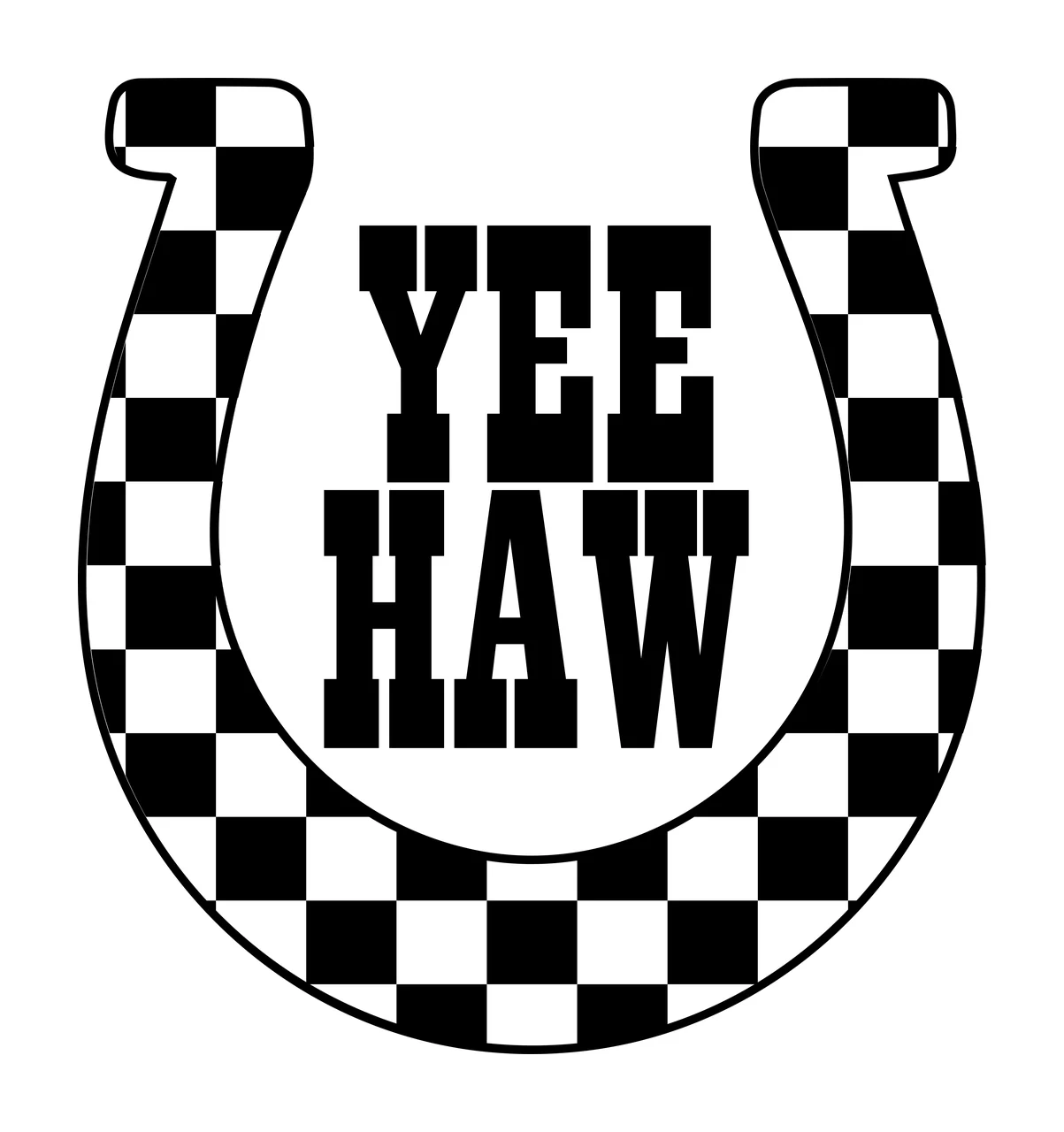 Yee Haw Text In Horseshoe enclosing silhouette black white