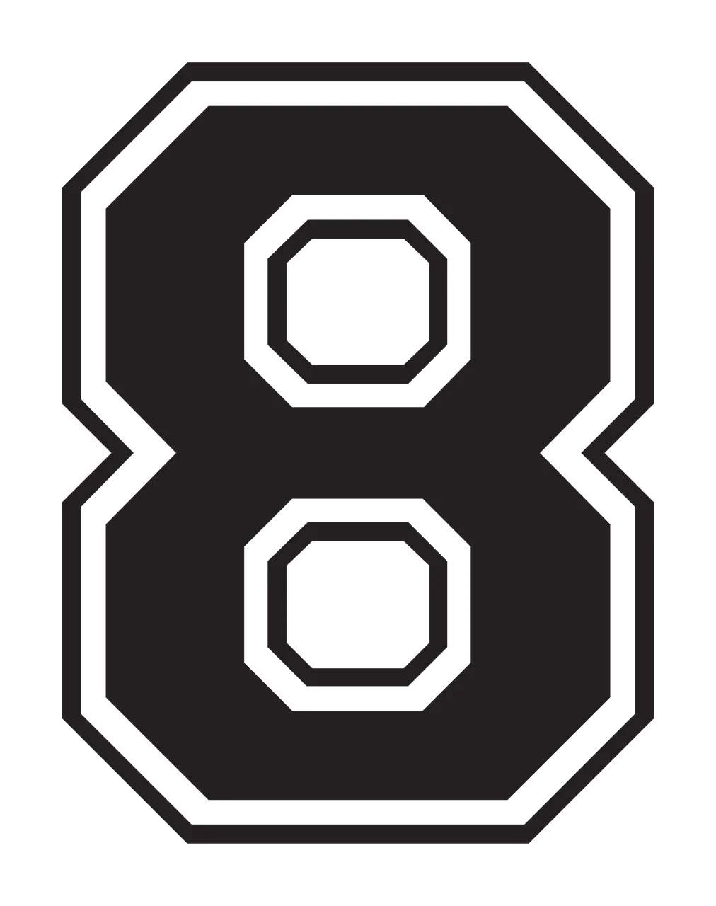 8 Number Design with block lettering, double outline, varsity and geometric shapes in black and white