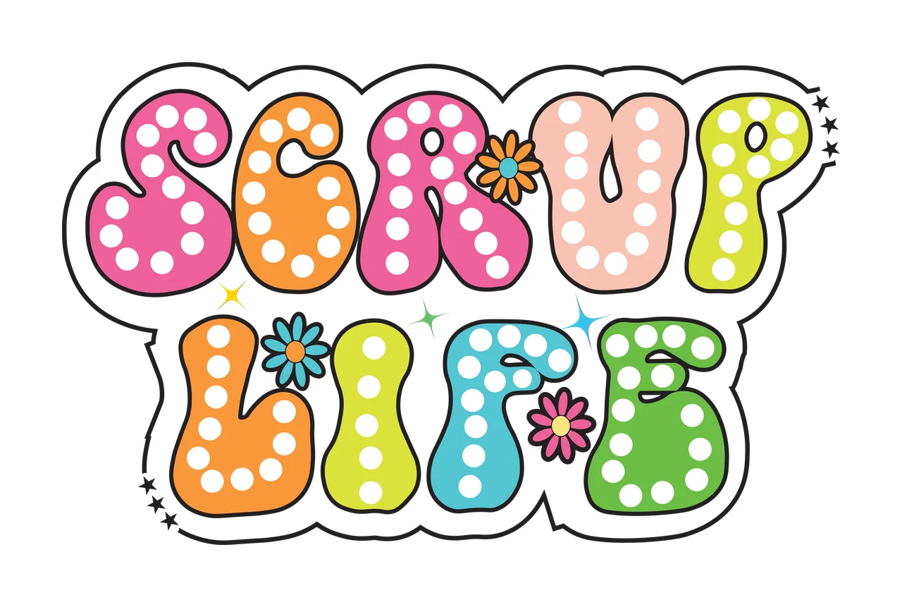 Scrub Life Typography With Flowers stars retro black white