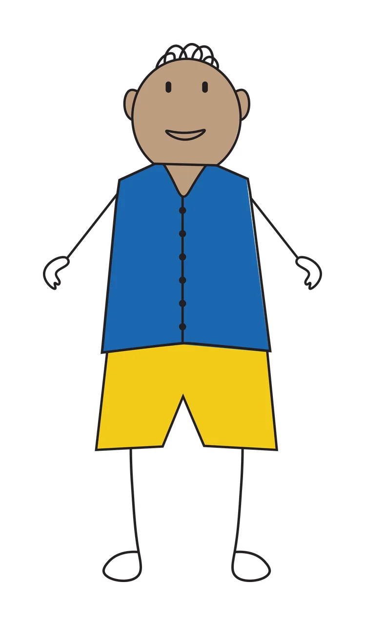 Cartoon Illustration of stick figure person with blue vest, yellow shorts, curly hair loops and smiling face in tan