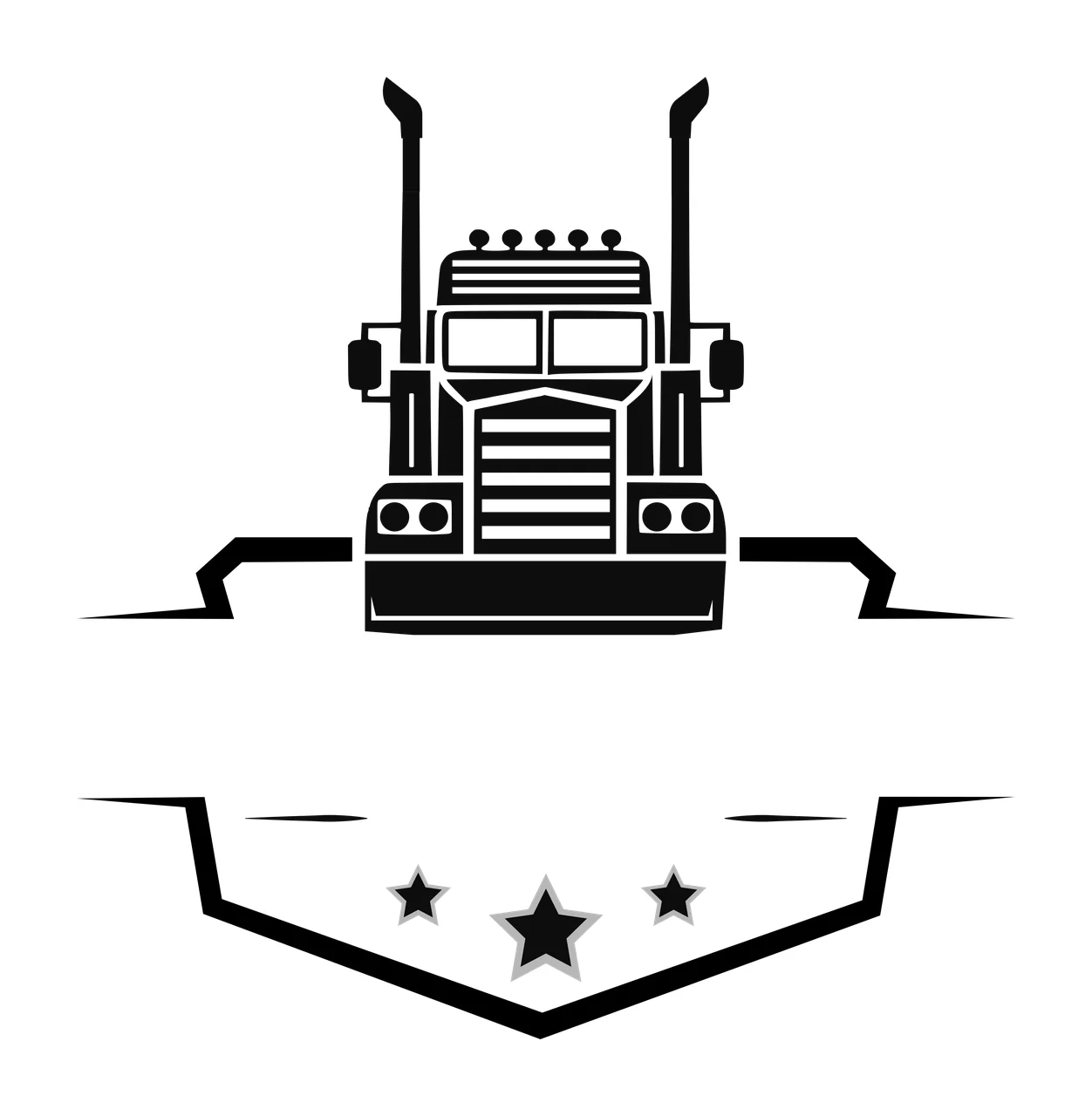 Black Semi Truck Front View With Banner stationary stars shield