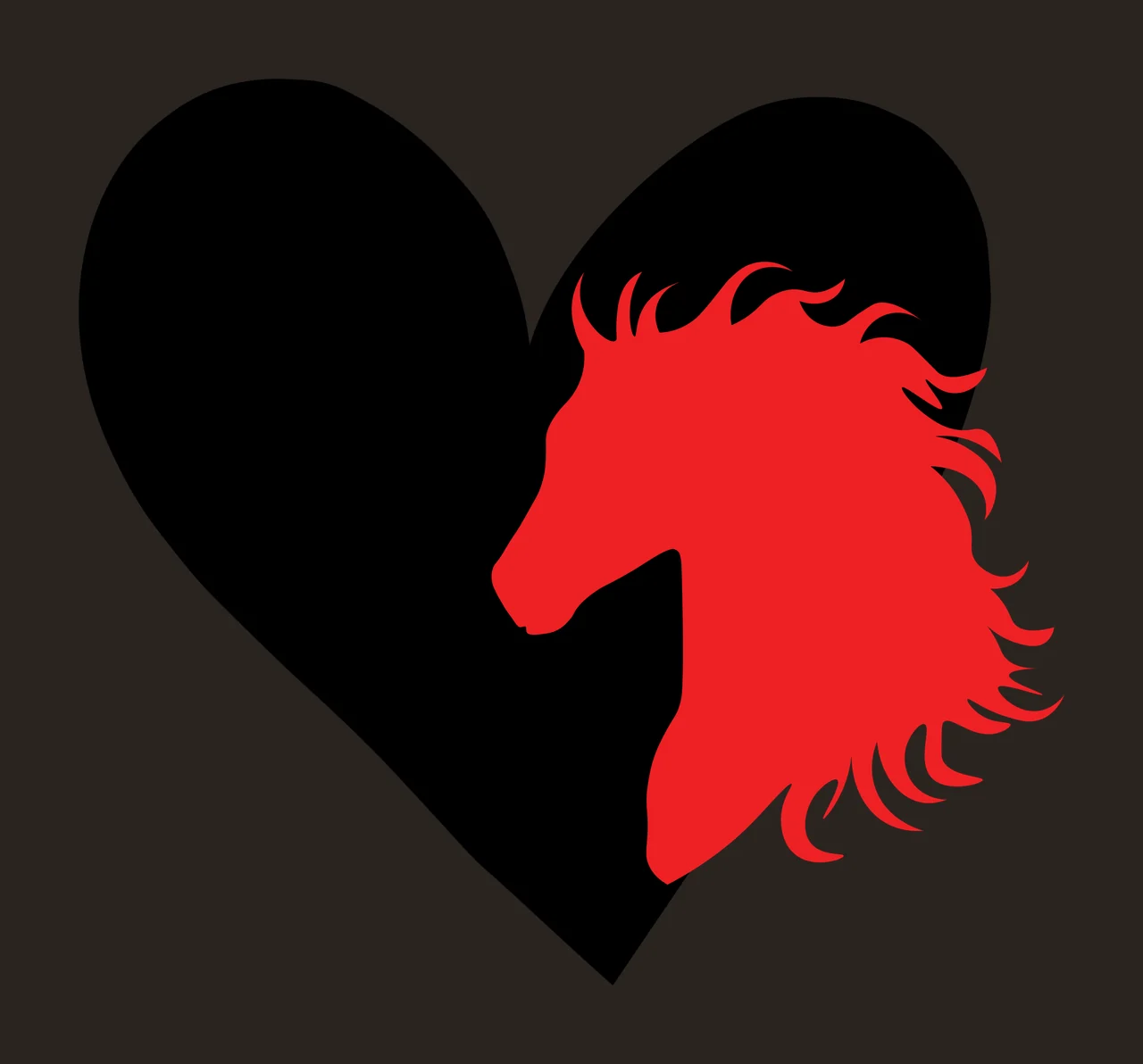 Horse head silhouette inside heart shape Illustration with black heart, red horse head and horse mane contrast preview thumbnail