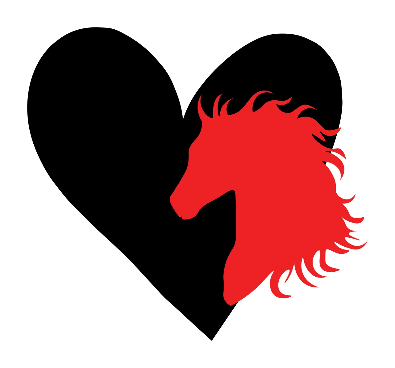 Horse head silhouette inside heart shape Illustration with black heart, red horse head and horse mane