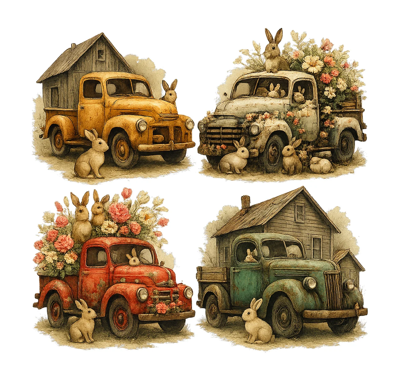 Rusty Trucks with Rabbits Watercolor Artwork Farm Truck