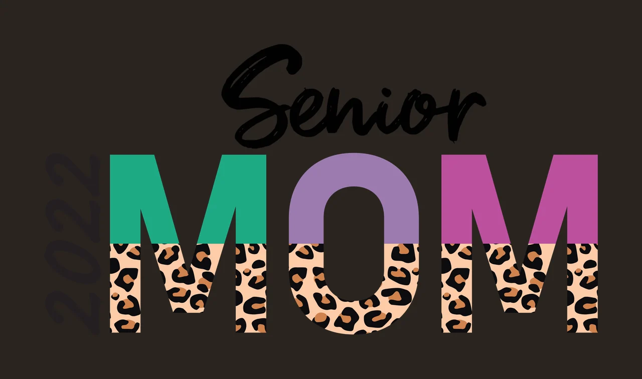 2022 Senior MOM Typography Design with leopard print pattern, green letter M, purple letter O and pink letter M in black contrast preview thumbnail