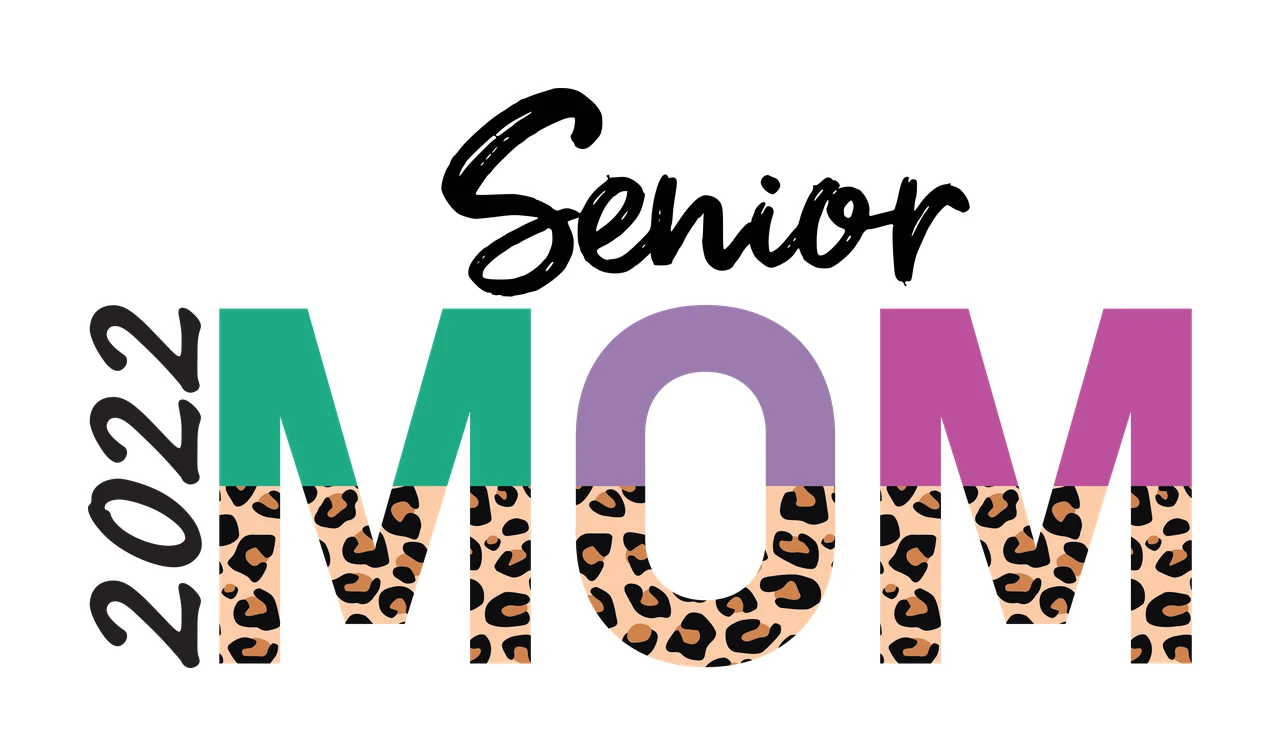 2022 Senior MOM Typography Design with leopard print pattern, green letter M, purple letter O and pink letter M in black