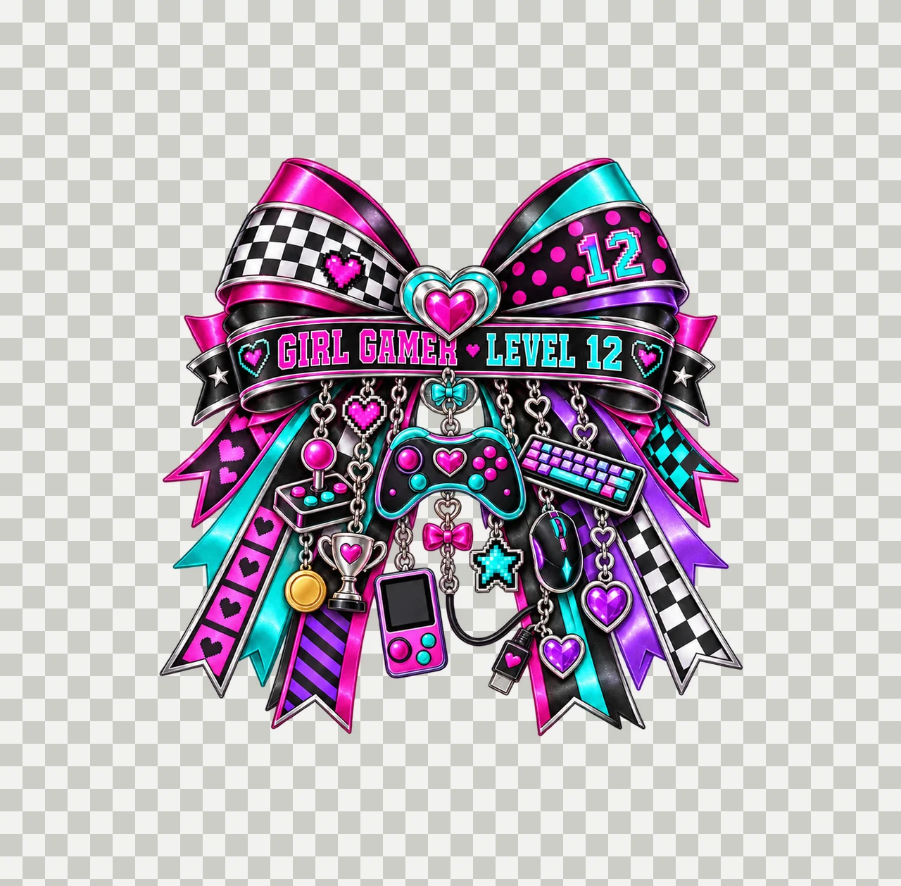 Girl Gamer Level 12 Bow Charm PNG, Patterned Coquette Bow Clipart, Transparent Sublimation Digital Download transparency and detail preview thumbnail