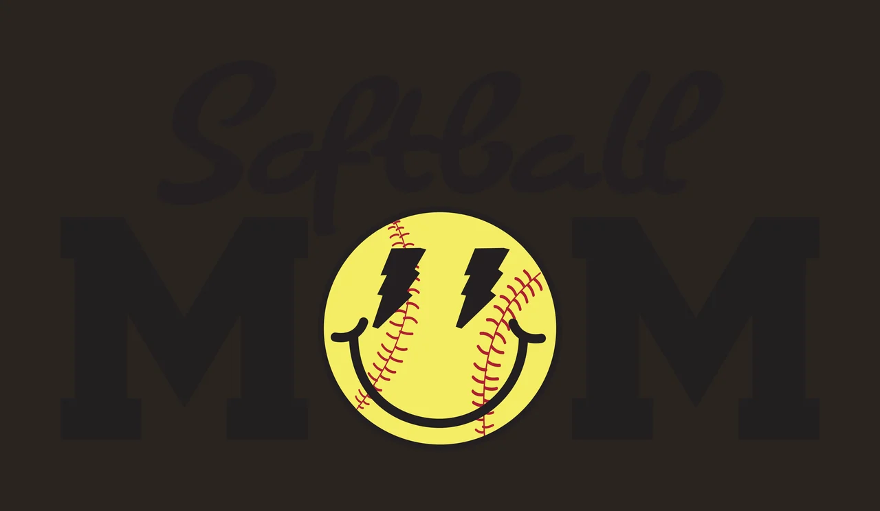 Softball MOM Softball Mom logo Design with Softball Mom text, Yellow softball with red stitching, Black lightning bolt eyes and Black smile contrast preview thumbnail