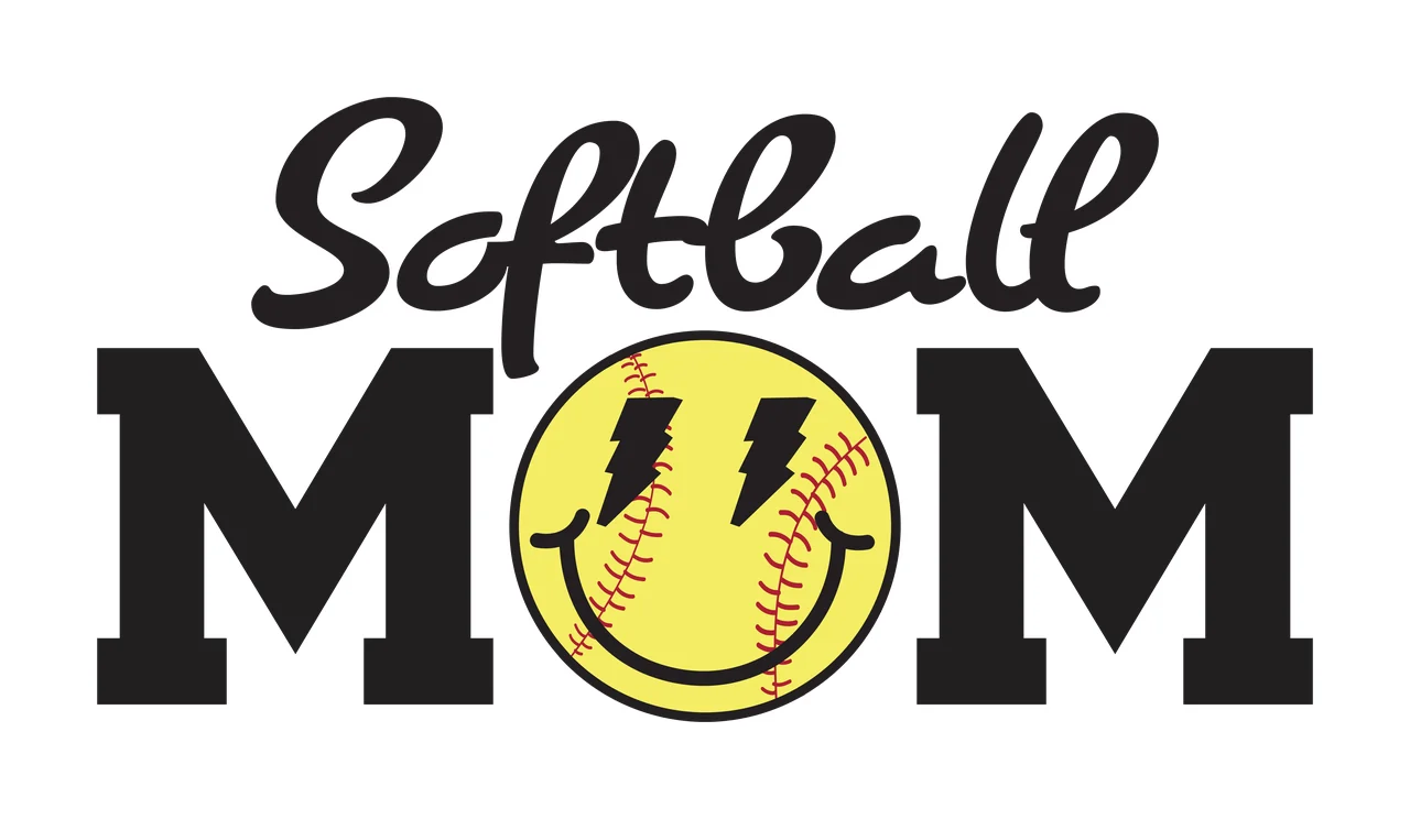 Softball MOM Softball Mom logo Design with Softball Mom text, Yellow softball with red stitching, Black lightning bolt eyes and Black smile