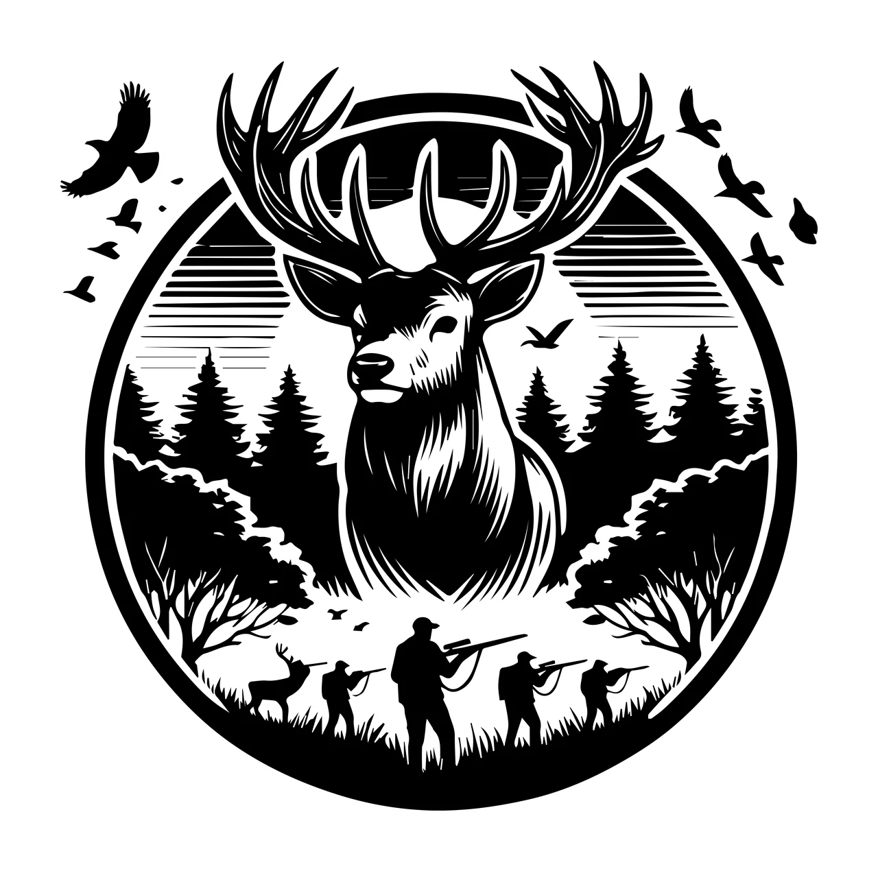 Stag Deer In Forest Hunting Emblem standing antlers hunters