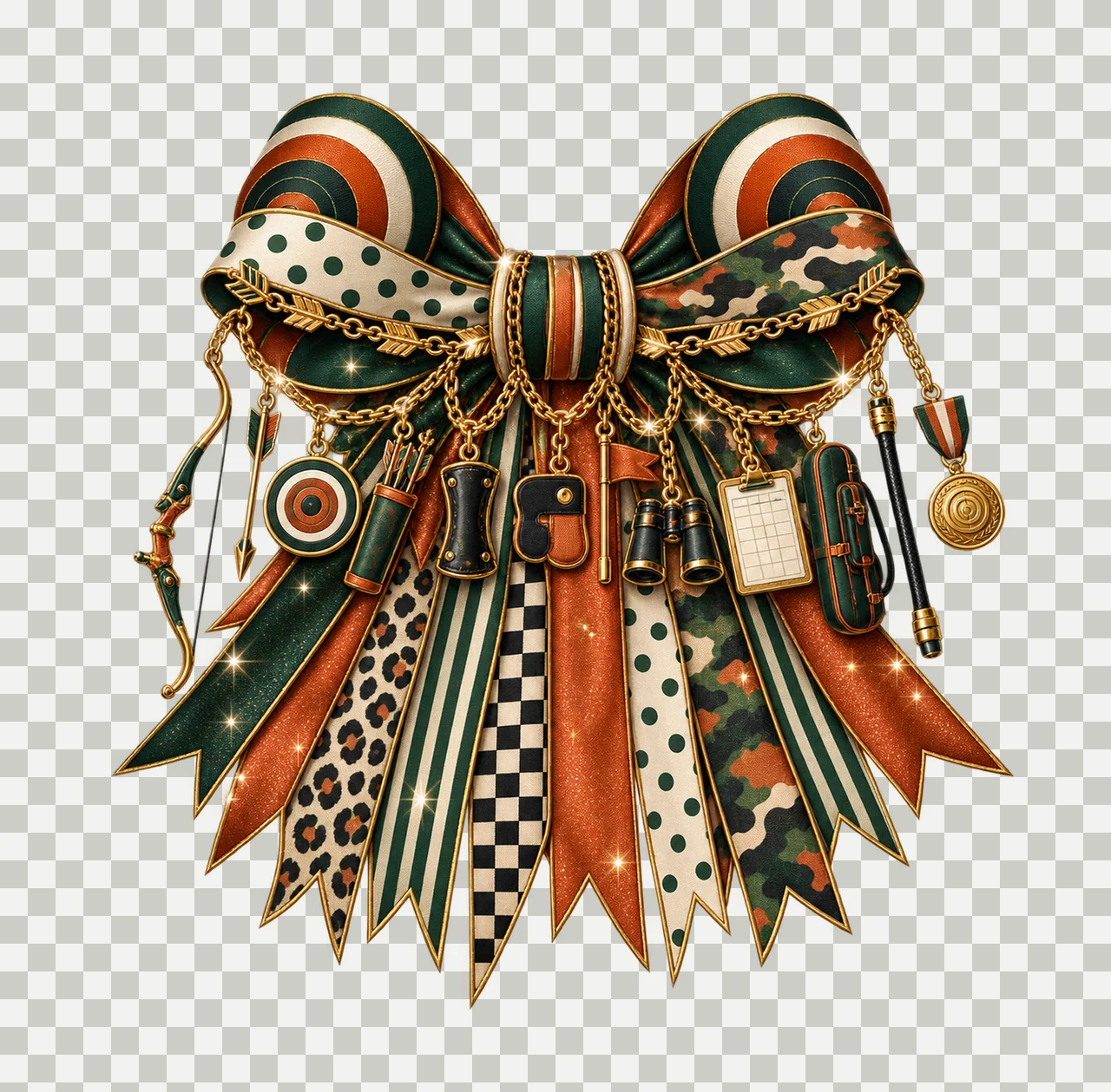 Archery Lover Bow Charm PNG, Themed Gold Chain Charms, Coquette Ribbon Sublimation Design, Transparent Digital Download transparency and detail preview thumbnail