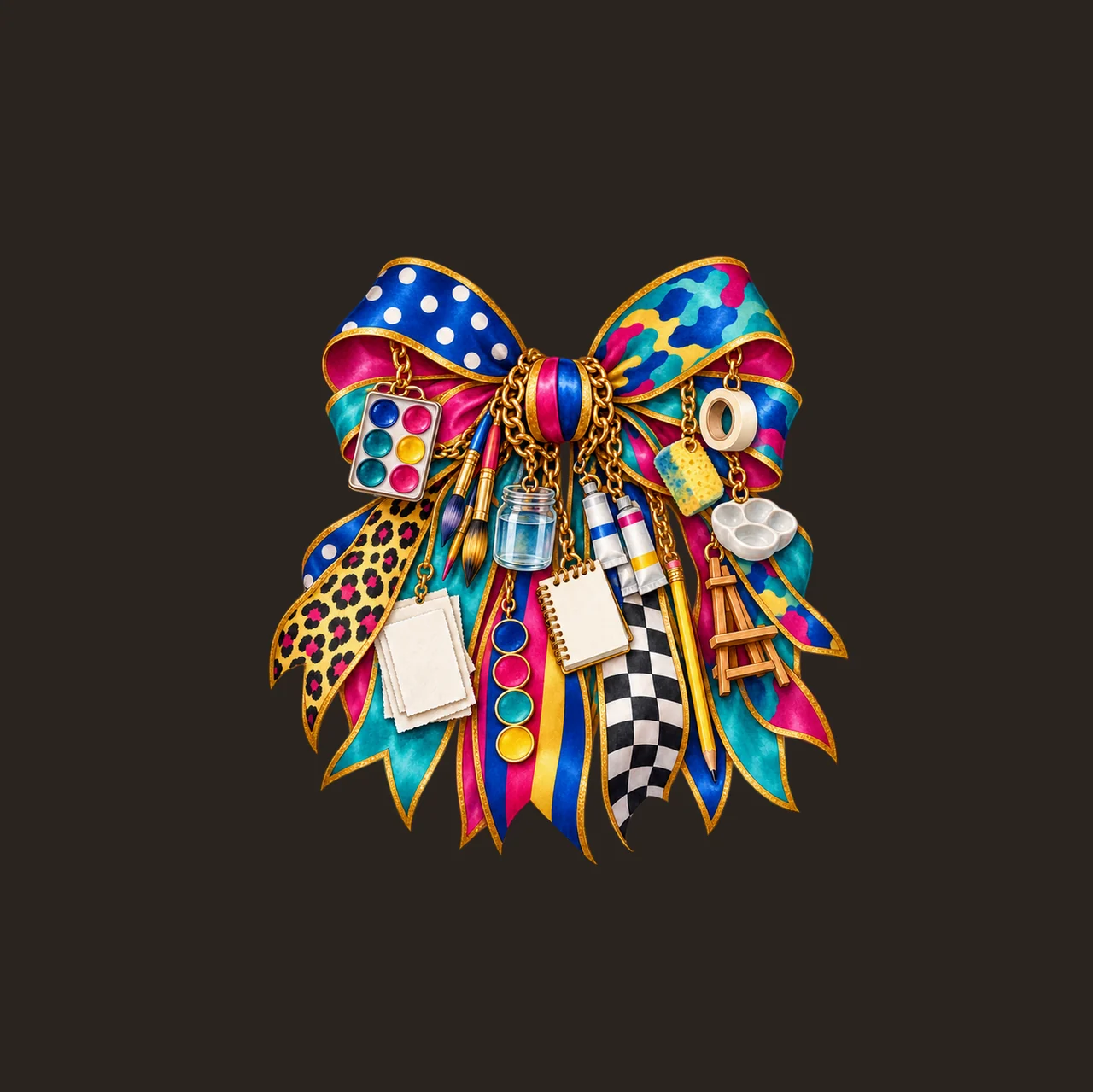 Watercolor Artist Bow Charm PNG, Gold Chain Charms, Transparent Sublimation Design, Digital Download contrast preview thumbnail