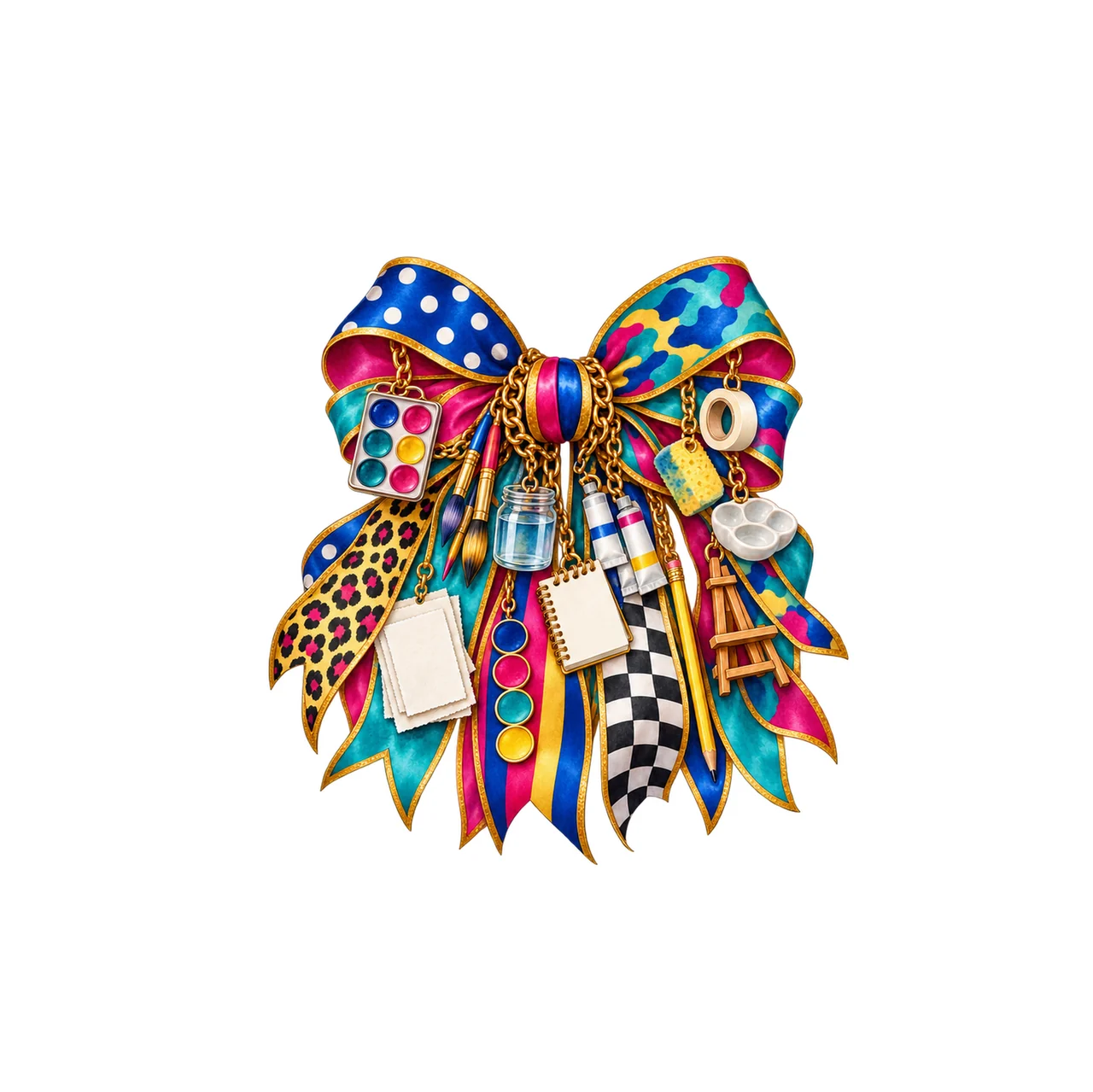 Watercolor Artist Bow Charm PNG, Gold Chain Charms, Transparent Sublimation Design, Digital Download