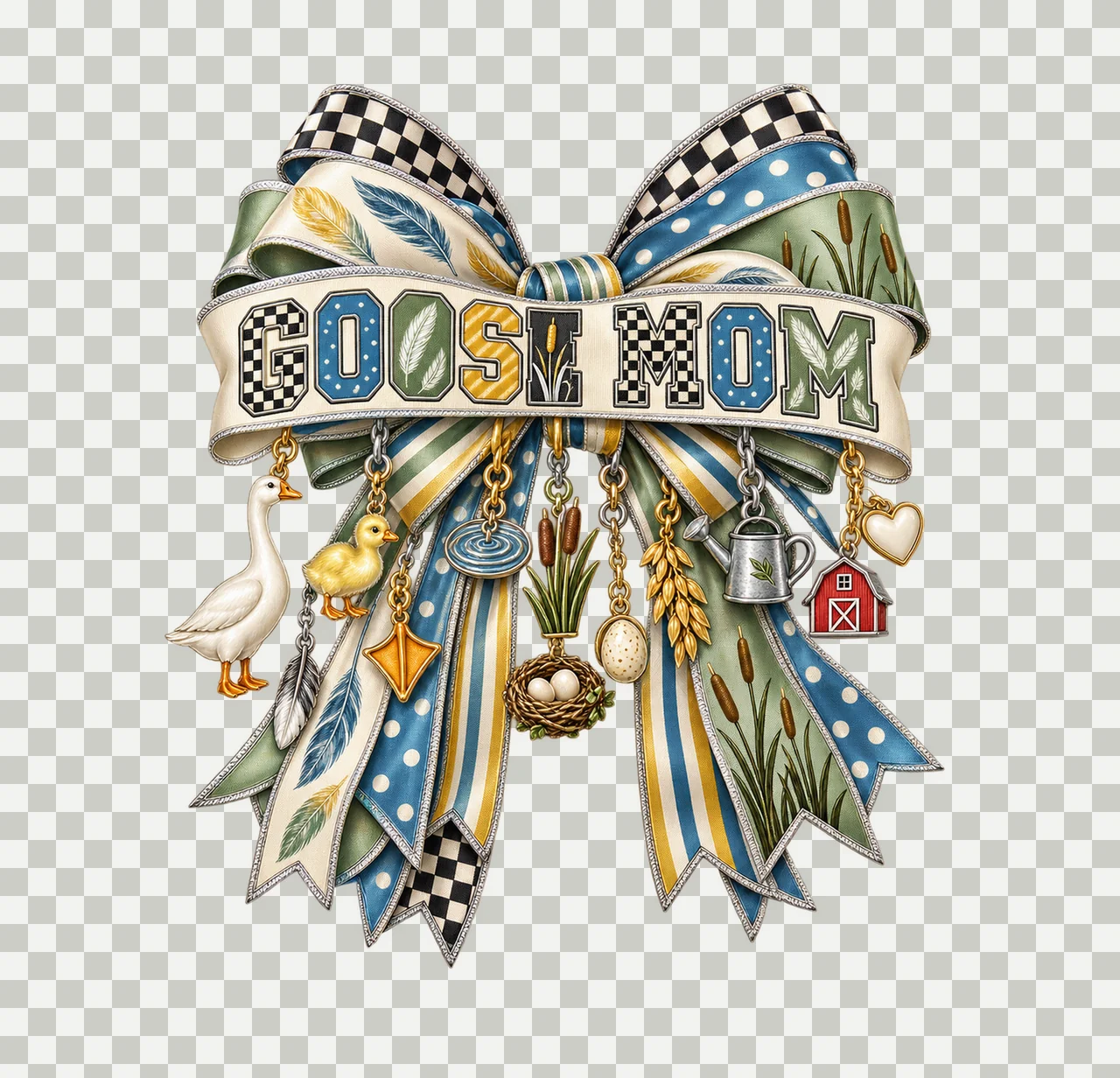 Goose Mom Bow Charm PNG, Patterned Varsity Mom Ribbon Clipart, Transparent Sublimation Digital Download transparency and detail preview thumbnail