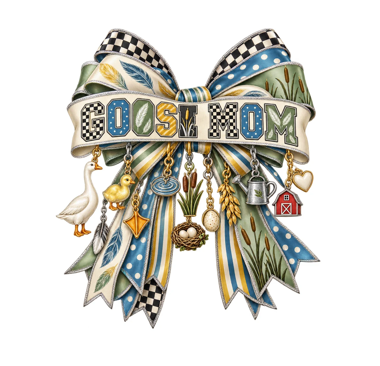 Goose Mom Bow Charm PNG, Patterned Varsity Mom Ribbon Clipart, Transparent Sublimation Digital Download
