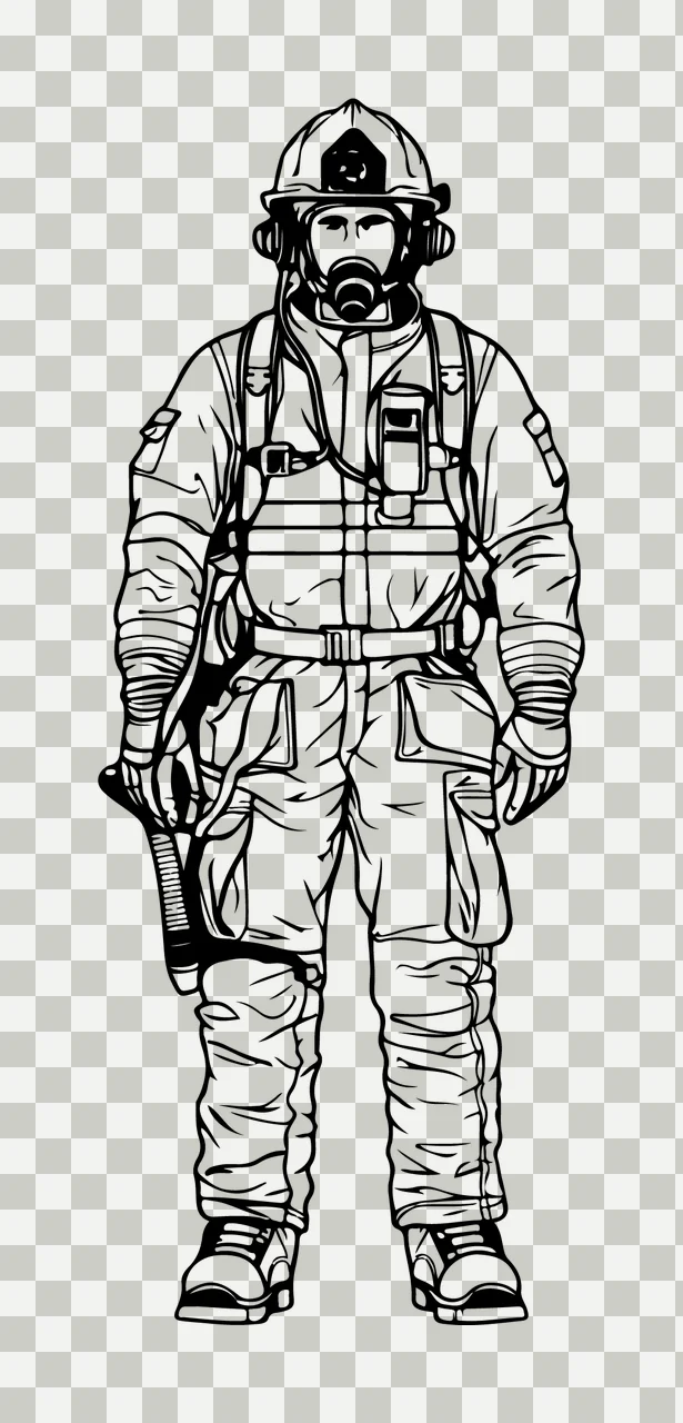 Firefighter In Protective Gear Standing Straight helmet respirator transparency and detail preview thumbnail