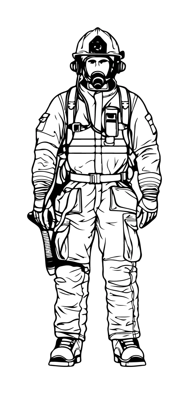 Firefighter In Protective Gear Standing Straight helmet respirator