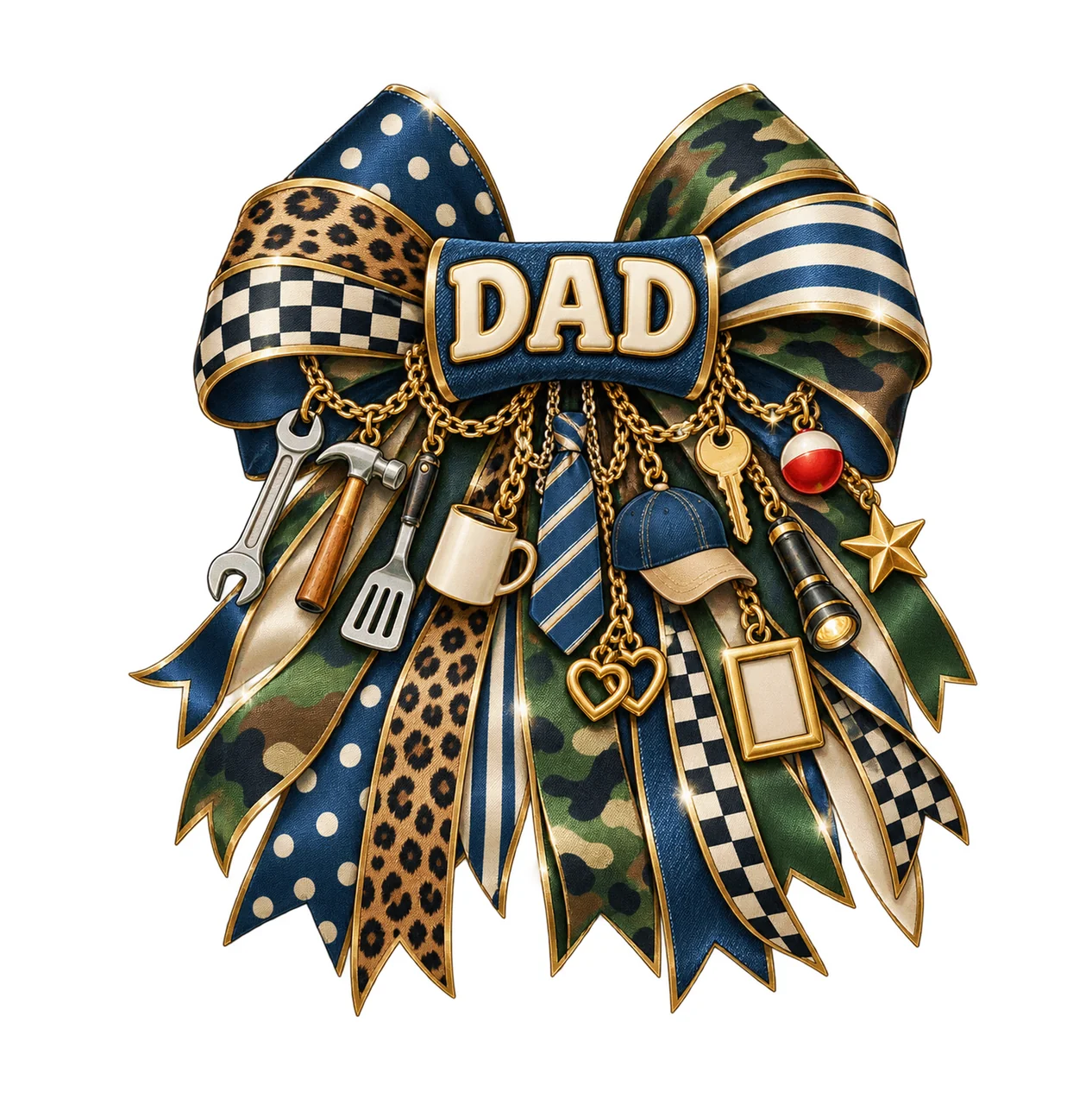 Dad / Father's Day Bow Charm PNG, Gold Chain Charms, Transparent Sublimation Design, Digital Download