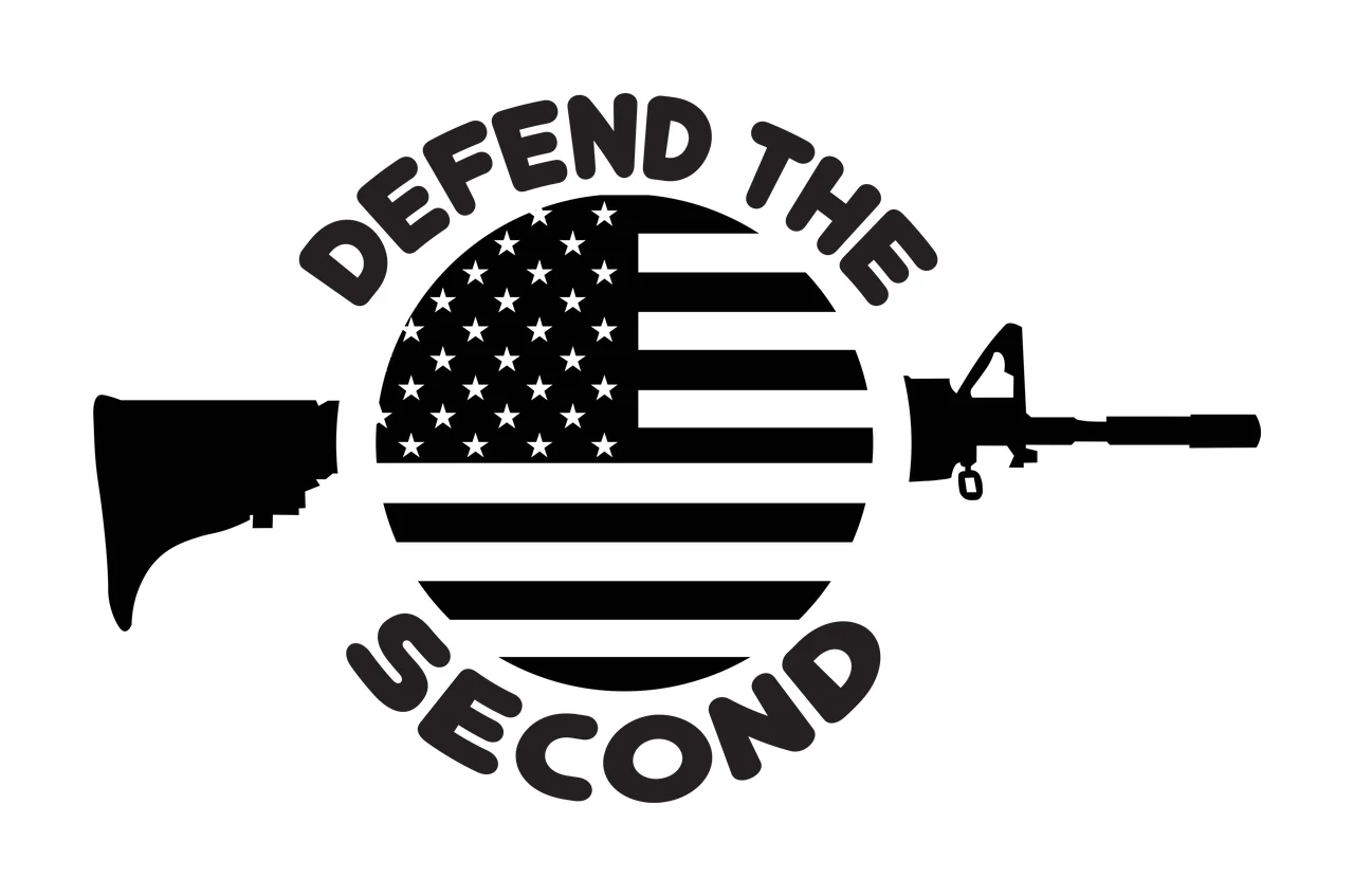 DEFEND THE SECOND Typography Design with black firearm silhouette left, black firearm silhouette right, American flag with stars and stripes in circle and text 'DEFEND THE' curved above in white
