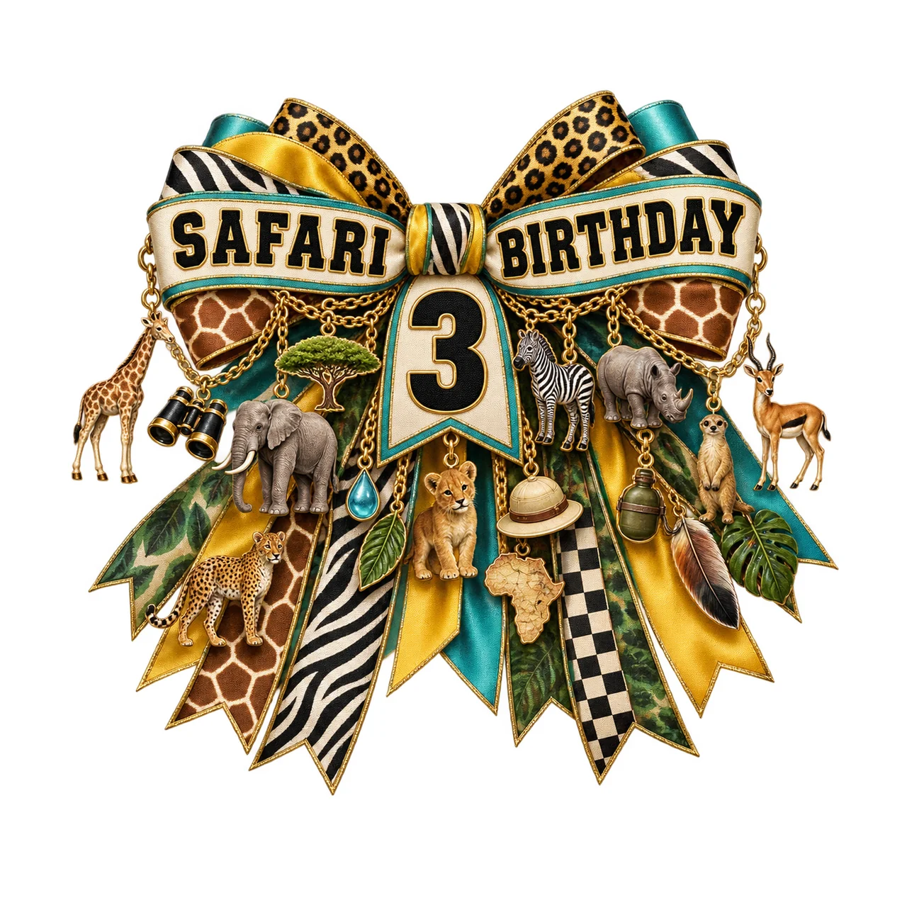 Safari Birthday 3 Bow Charm PNG, Jungle Animal Birthday Clipart, Transparent Sublimation Digital Download