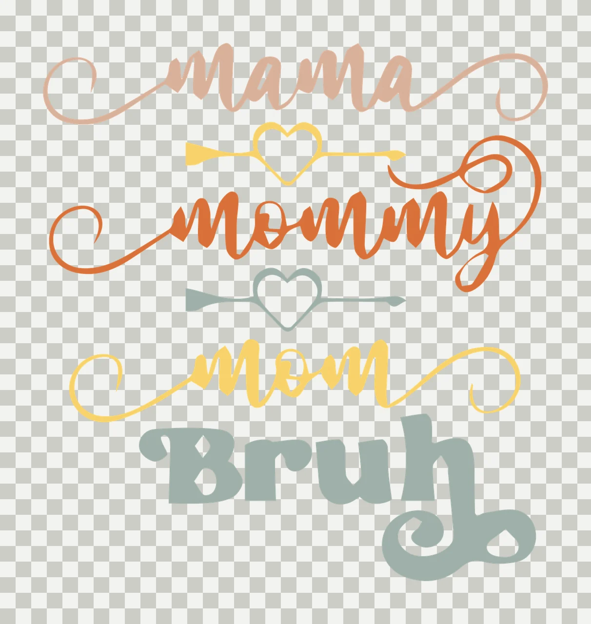 Mama mommy mom Bruh Typography Design with script text, retro text, heart arrows and flourishes in Pink, Orange and Yellow transparency and detail preview thumbnail