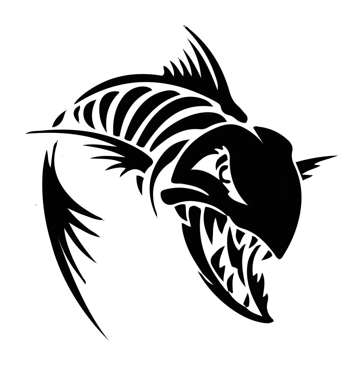 Aggressive Fish Skeleton Silhouette jumping teeth black white