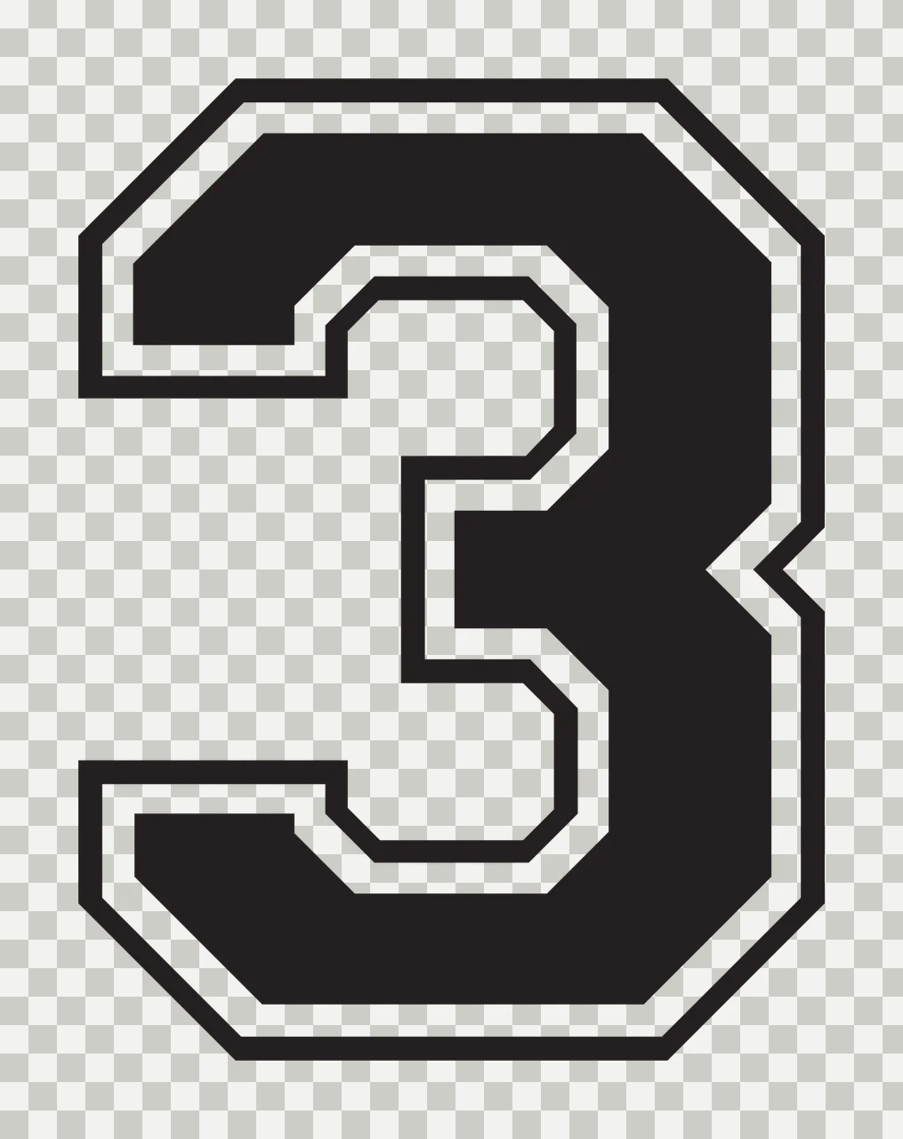 3 Number Design with double outline, block font, varsity and athletic in black and white transparency and detail preview thumbnail