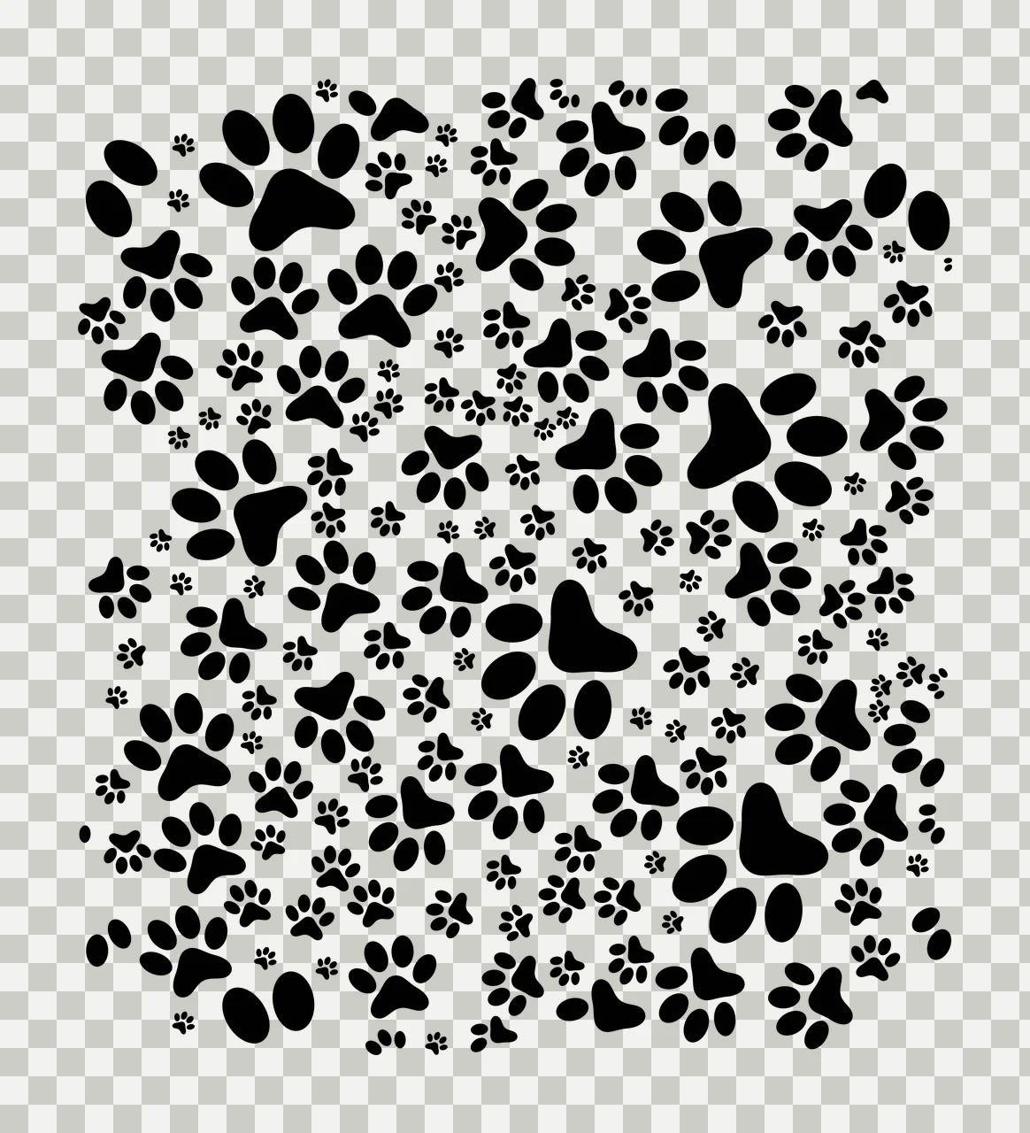 Silhouette Design of Paw print and footprint pattern with black paw prints, black footprints and white background transparency and detail preview thumbnail