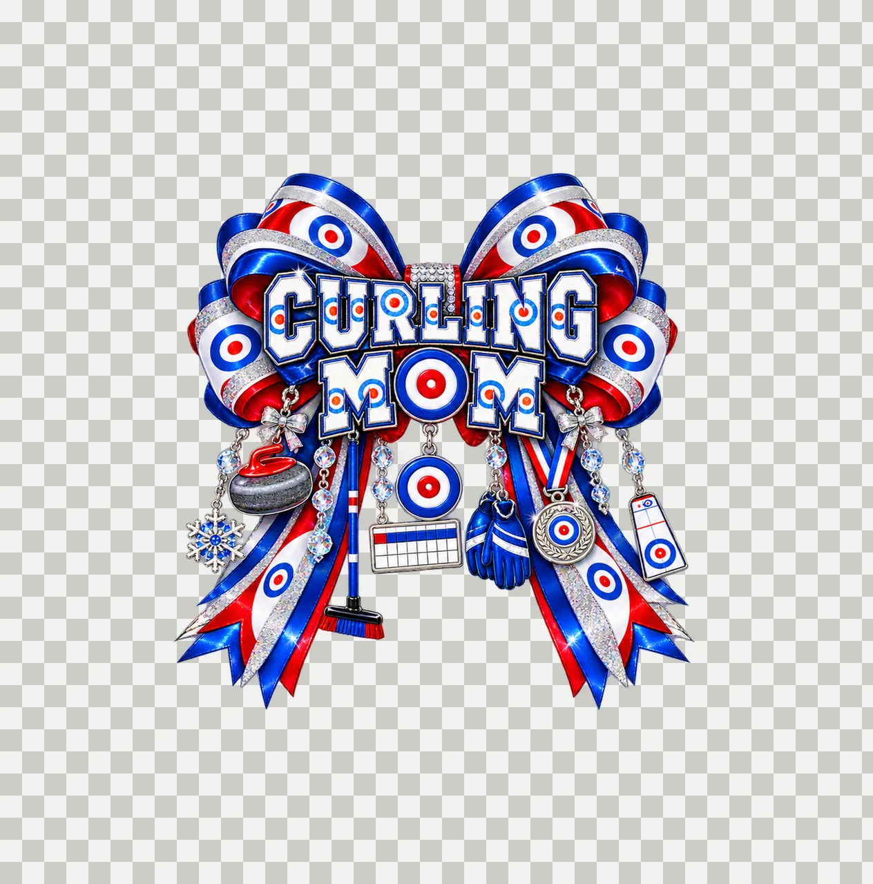 Curling Mom Bow Charm PNG, Patterned Varsity Mom Ribbon Clipart, Transparent Sublimation Digital Download transparency and detail preview thumbnail