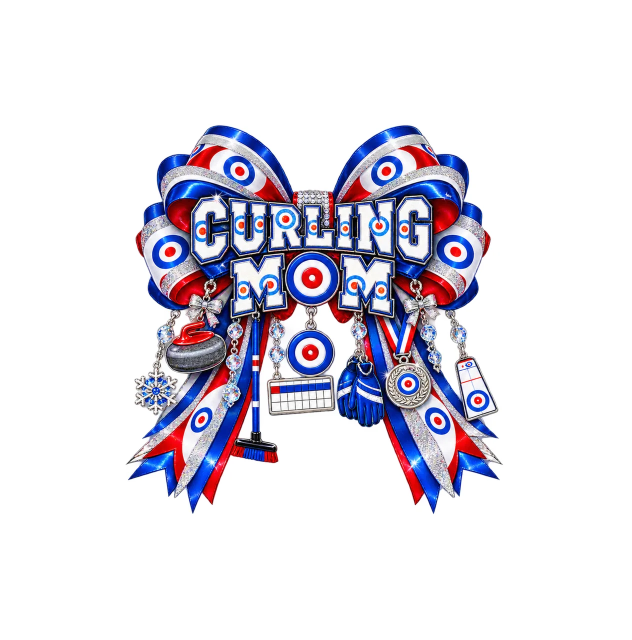 Curling Mom Bow Charm PNG, Patterned Varsity Mom Ribbon Clipart, Transparent Sublimation Digital Download