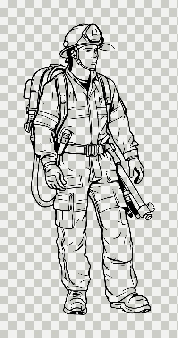 Firefighter Outline Drawing Standing helmet protective clothing transparency and detail preview thumbnail