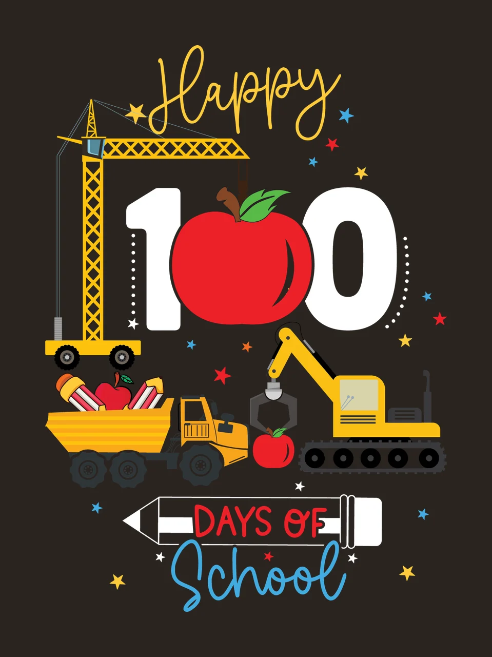Happy 100 Days Of School Design Text and construction vehicles contrast preview thumbnail