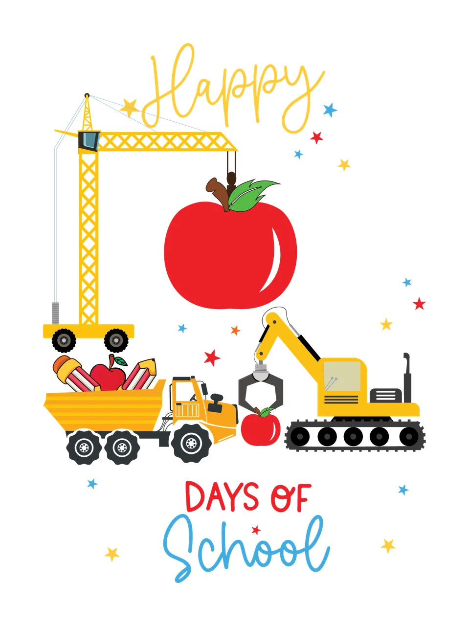 Happy 100 Days Of School Design Text and construction vehicles