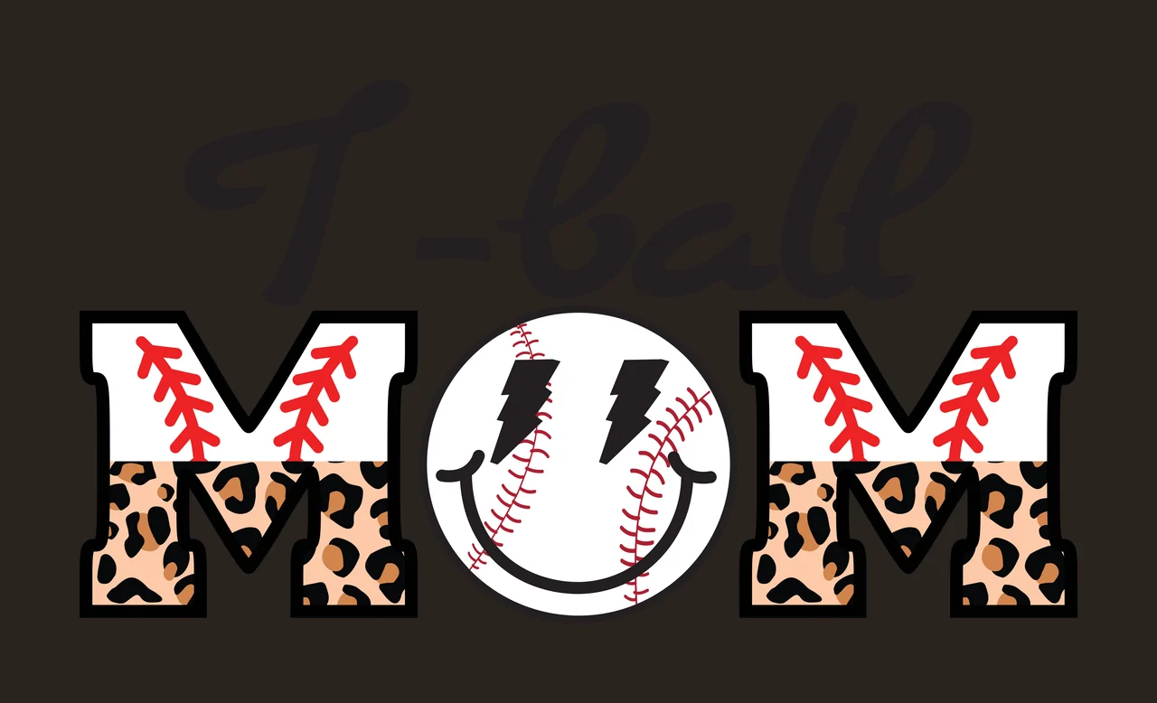 I-ball MOM Typography Design with black cursive 'I-ball', leopard-print 'M' letters with red baseball stitching, circular smiley face with black lightning bolts and red baseball stitching and black contrast preview thumbnail
