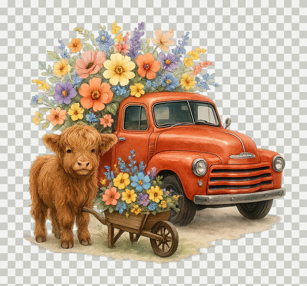 Highland Cow Floral Truck Farmhouse Spring Design Cute transparency and detail preview thumbnail