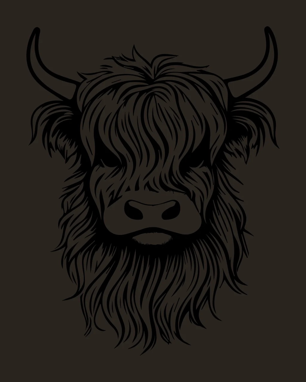Hairy Bovine Animal Head Illustration facing forward horns contrast preview thumbnail