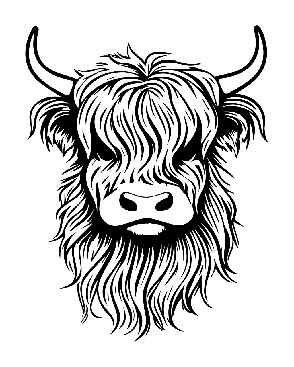 Hairy Bovine Animal Head Illustration facing forward horns